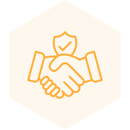 Hands shaking together with a checkmark symbol icon inside a hexagon shape